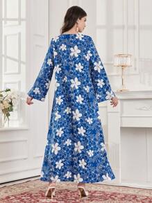 Al Najma Color Blocking Floral Print V-Neck Loose Fit Dress - Blue - View 2