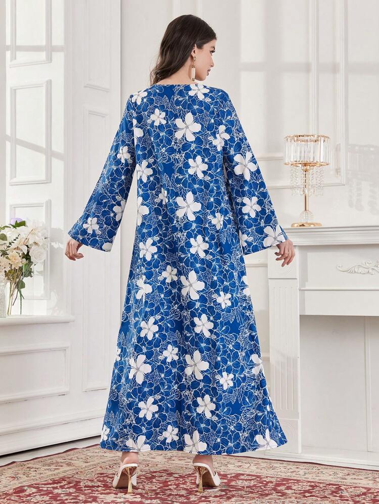 Color Blocking Floral Print V-Neck Loose Fit Dress