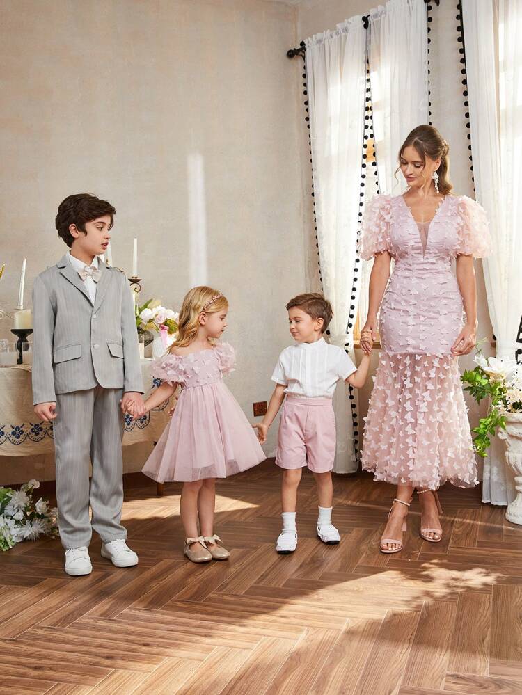 2pcs/Set Tween Boy Striped Notched Lapel Suit With Long Pants, Elegant Gentleman Outfits