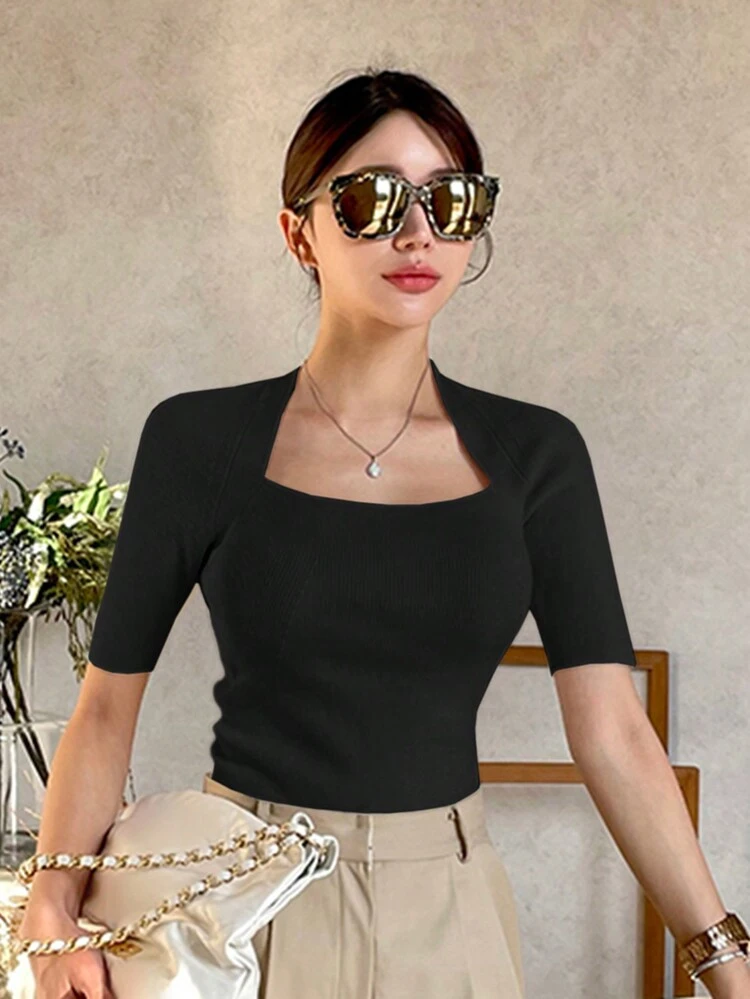 Women's Fitted Transformable Square Neck Knit Top Summer