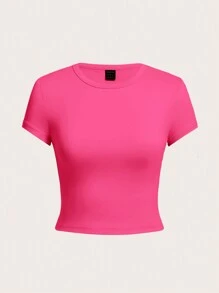 SHEIN EZwear Bộ 4 áo thun nữ cổ tròn tay ngắn dáng ôm, đa năng, thích hợp mặc vào mùa hè - Nhiều màu - Xem 5