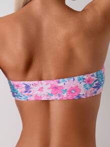 SHEIN Swim Summer Beach Women's Flower Print Bikini Set With Ruched Bust, Side Tie Bikini Set Strapless Bikini Set - Multicolor - View 6