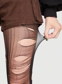ROMWE Goth 1pc Diy Ripped Tights, Event Style - Black - View 5