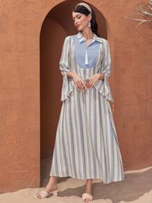 Al Najma 拼接條紋流蘇邊分叉袖連衣裙 - 藍色 - 查看 3