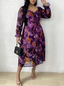 Franclia Kích thước lớn Tim Đường viền cổ áo Dây rút Hoa In Đầm - Màu tím - Xem 5