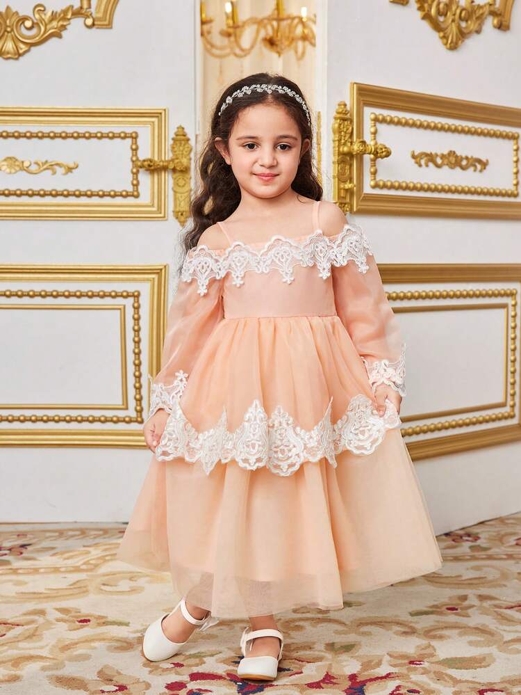 Young Girl Integrated Cute Off Shoulder Dress With Lace Decorated Organza, Summer