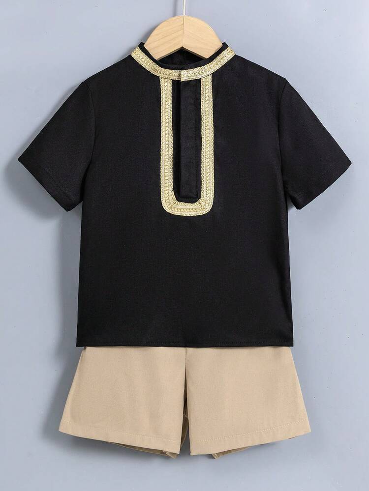 Young Boy Casual Patchwork Trimmed Simple & Comfortable Short Sleeve Top And Shorts 2pcs Outfits