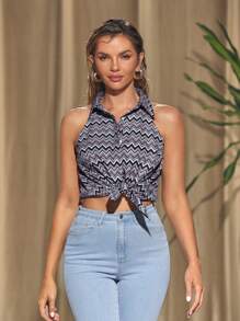 AGAPE Designer Boho Bohemian Jacquard Chevron Sleeveless Blouse, For Summer, Holiday, Vacation, Spring, Beach, Festival, Ibiza Fits - Multicolor - View 1