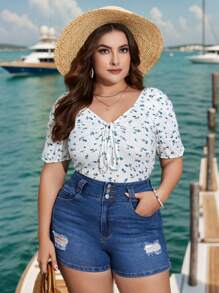 SHEIN Clasi Kích thước lớn Cao eo Quần short Denim - Rửa trung bình - Xem 1