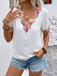 Breezaya Thêu hoa Kết cấu Ngắn tay Áo sơ mi - trắng - Xem 3