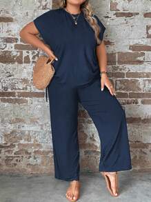 SHEIN LUNE Top De Manga De Murciélago Redonda De Color Sólido De Talla Grande Y Pantalones Rectos - Azul Marino - Ver 6