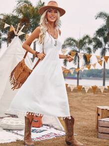 Breezaya Solid Color Fringe Hem Tassel Pair Dress Dress - White - View 7