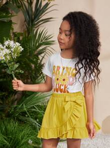 SHEIN Conjunto de top de manga corta de punto de cuello redondo con unicolor y falda asimétrica de volantes para niñas jóvenes, para primavera y verano