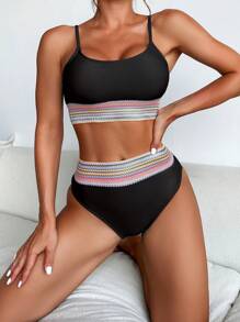 SHEIN Swim Color-Block Woven Straps Bikini Set With Spaghetti Straps (Separates), Summer Beach - Black - View 4