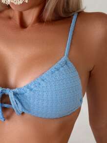 SHEIN Swim Women's Solid Color Front Tie Two-Piece Bikini Set Summer Beach - Blue - View 5