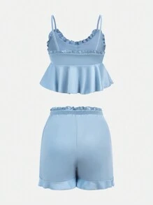 少女簡約休閒可愛荷葉邊背心上衣和短褲套裝 - 淺藍色 - 查看 2