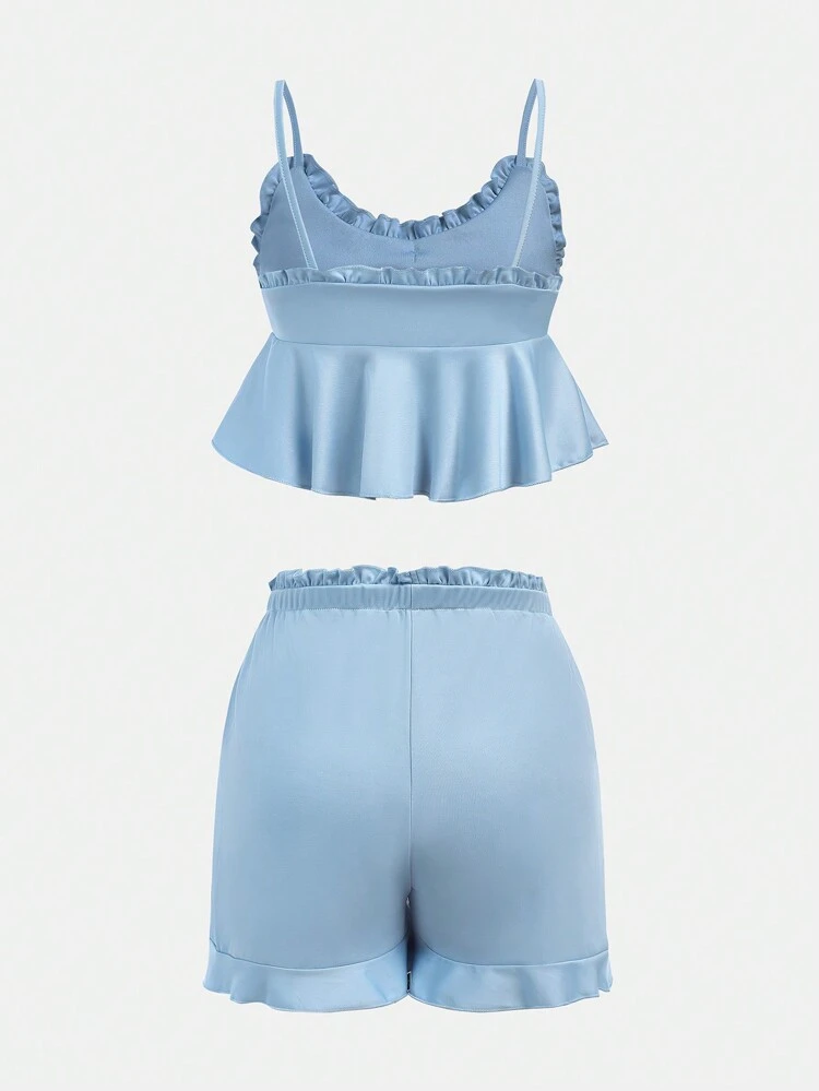 Teen Girl's Simple Casual Cute Ruffled Cami Top And Shorts Set