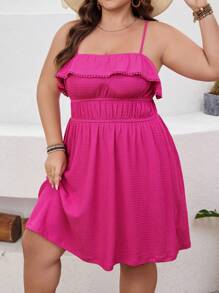 SHEIN VCAY Plus Size Textured Cinched Waist Ruffle Trim Decor Spaghetti Strap Dress