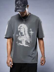 Manfinity LEGND Men's Deep Grey Virgin Mary Print Slim Fit Short Sleeve T-Shirt - Grey - View 1
