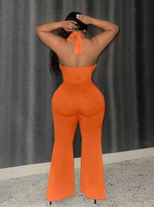 Slaydiva Mono De Talle Grande Cruzado Con Tirantes Halter Cuello, Espalda Abierta Y Piernas Acampanadas - Naranja - Ver 3