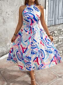 SHEIN Clasi 大尺碼女裝植物印花綁頸無袖假日&休閒長裙 - 彩色 - 查看 5