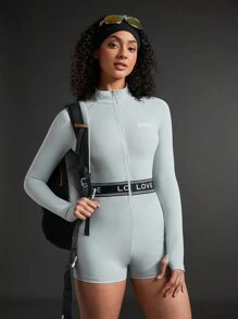 In My Nature Letter Printed Stand Collar Zipper Detail Thumb Hole Slim Fit Jumpsuit - Blue - View 5