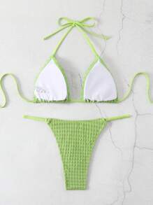 SHEIN Swim Conjunto de bikini con textura de unicolor para dama, playa de verano - Verde Lima - Ver 7