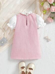 SHEIN 嬰兒女寶寶夏季新款可愛泡泡袖洋裝帶蕾絲領子和蝴蝶結 - 粉色 - 查看 2