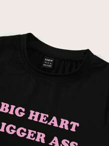 TRNVIE Áo thun tay ngắn họa tiết khẩu hiệu BIG HEART BIGGER cỡ lớn, mùa hè - màu đen - Xem 3