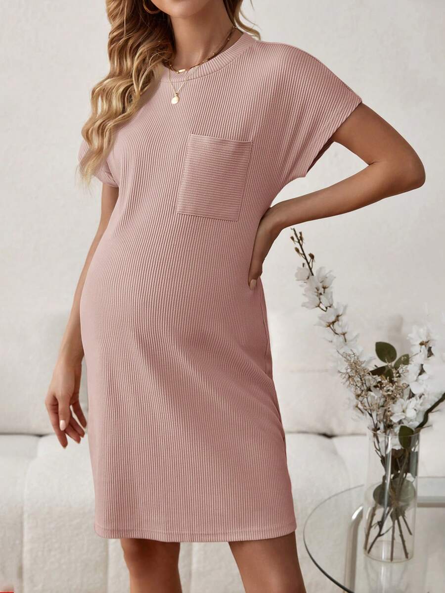 SHEIN 孕婦實色修身口袋蝙蝠袖休閒連衣裙 - 粉色 - 查看 1
