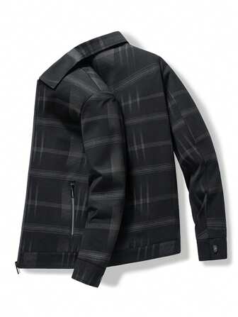 男裝時尚休閒格紋折領夾克,適合日常穿著