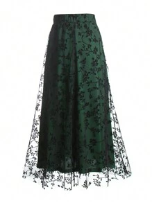 EARO 春季花园派对系列，女士高腰刺绣花卉半身裙，外层薄纱A字裙，复古浪漫风格，约会裙，小众设计 - 墨綠色 - 查看 2