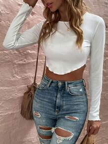 SHEIN LUNE Camiseta De Manga Larga De Cuello Redondo Y Dobladillo Asimétrico unicolor Para Mujeres