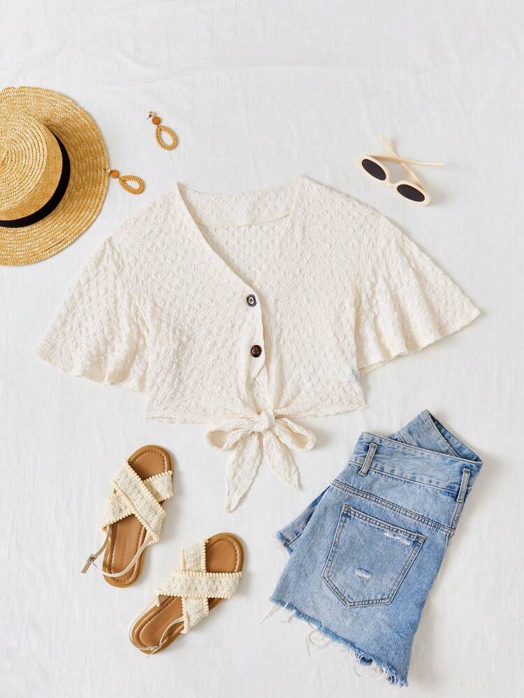 Ladies' Summer Beach Solid Textured Crop Top With Front Tie And Umbrella Sleeves For Casual, Vacation