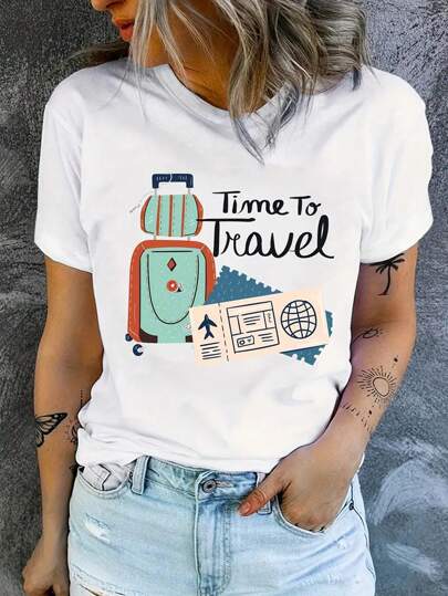 INAWLY Slogan And Luggage Print Short Sleeve T-Shirt Graphic Tees Women Tops