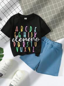 Young Boy 2pcs/Set Letter Printed Short Sleeve T-Shirt And Solid Color Shorts - Black - View 1