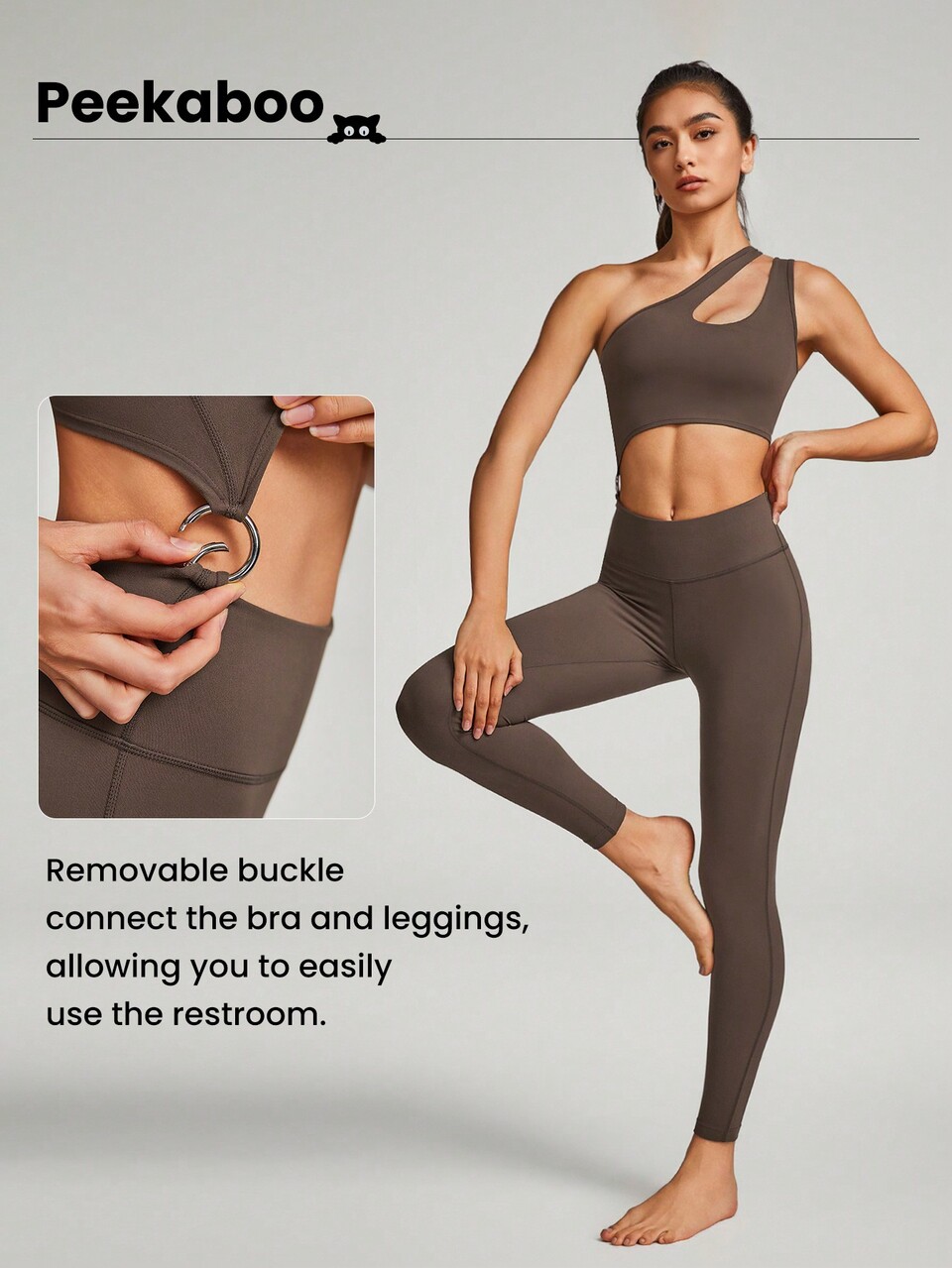 24" FeatherFit™ Peekaboo Asymmetrical Cut-Out Buckle Jumpsuit Bodysuit Low Impact Yoga Pilates Daily Summer