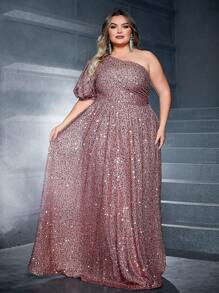 Plus Size Women's Elegant Brown One Shoulder Evening Dress - Brown - View 5