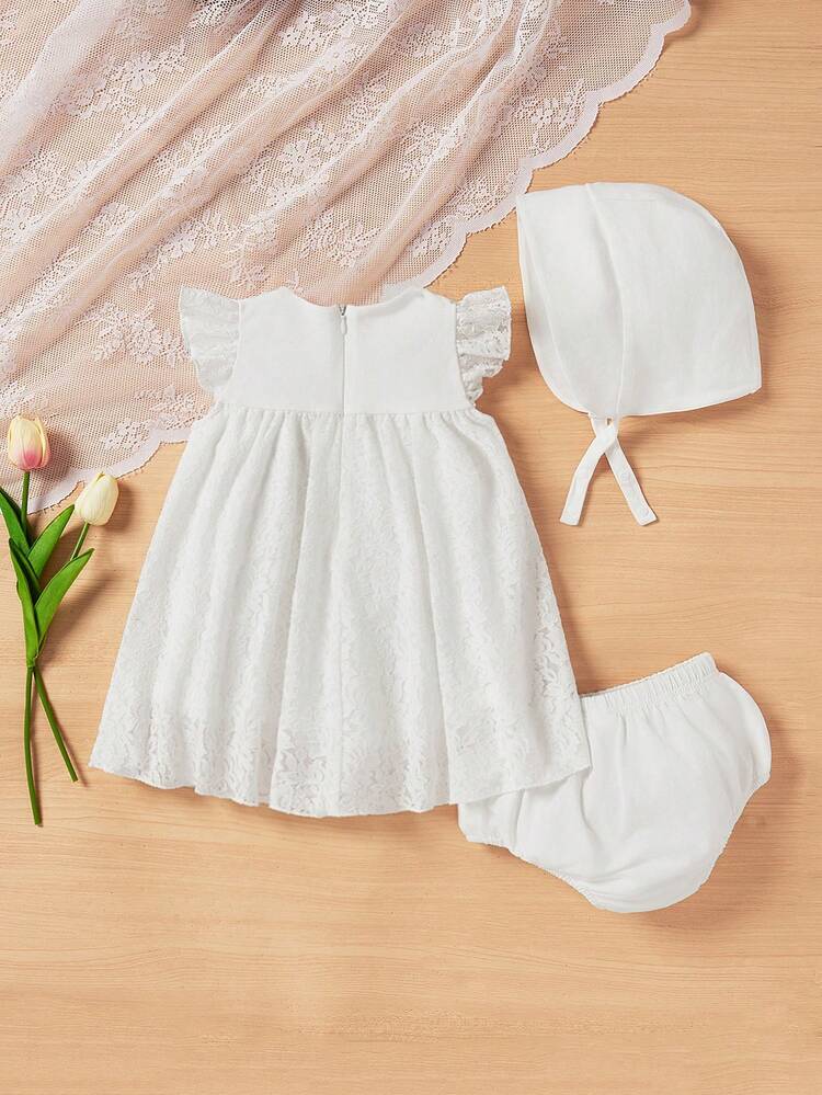 Baby Girl's Knitted Floral Lace Cap Sleeve Dress With Shorts And Hat, Perfect For Vacation