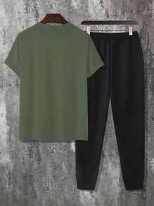 Manfinity Homme 男士字母印花圓領短袖t恤和長褲套裝 - 軍綠色 - 查看 2