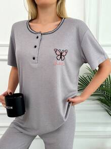 RueChic 2pcs/Set Women Cotton Butterfly Embroidered Homewear Pajama Set - Grey - View 4
