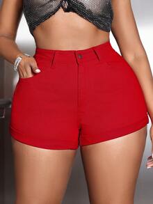 SHEIN SXY 大尺碼女式捲邊牛仔短褲,附口袋 - 紅色 - 查看 4