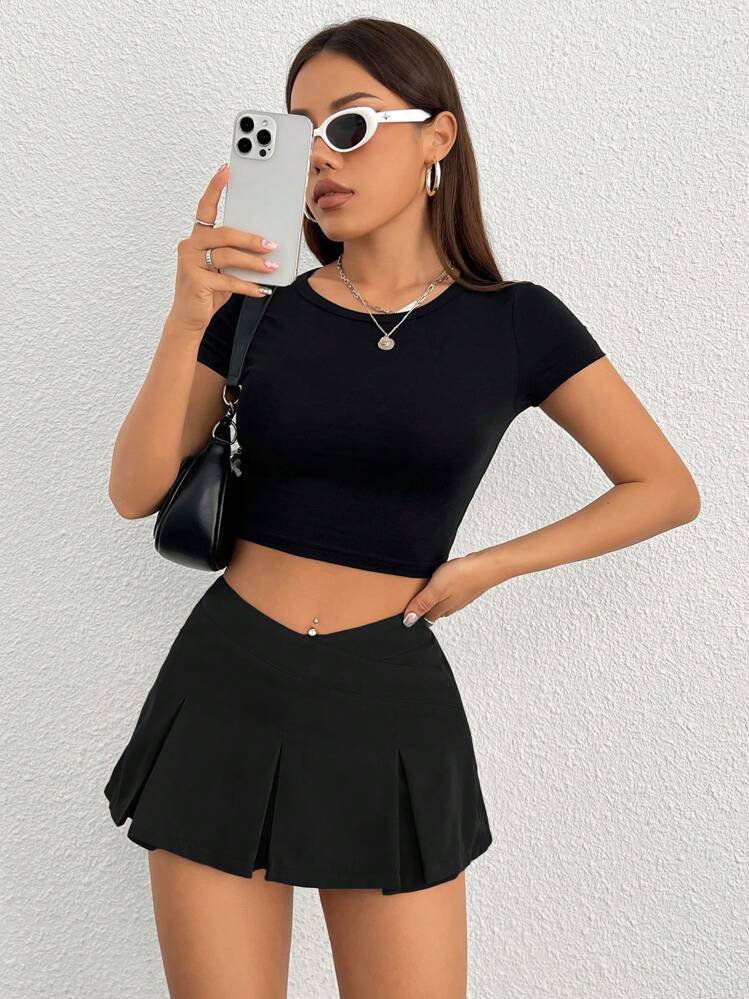 SHEIN PETITE 女士實色不對稱腰部褶皺迷你裙 - 黑色 - 查看 4