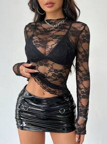 EgrlEra Parte superior de manga larga de ajuste ceñido con ribete de encaje, conjunto de estilo Y2K