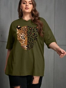 INAWLY Plus Size Leopard Print Round Neck Drop Shoulder T-Shirt, Graphic Cheetah Print Tees Women Tops - Army Green - View 6