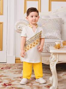 SHEIN Baby Boys' Geometric Pattern Notched Collar Short Sleeve Top And Solid Color Cuffed Pants 2pcs Set - Yellow - View 6