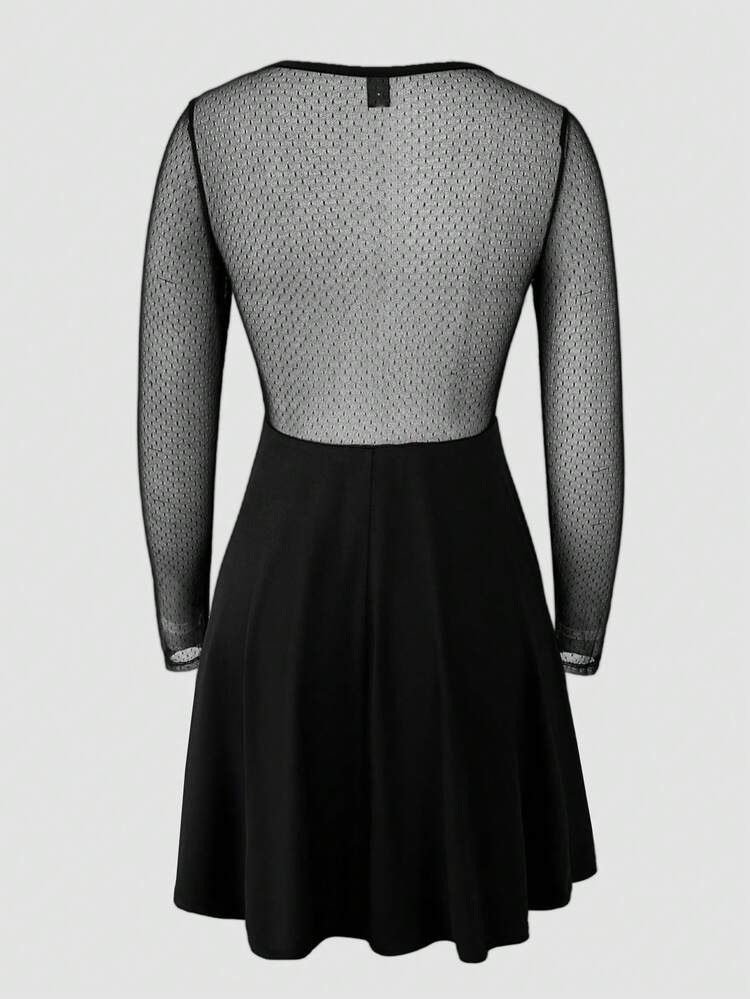 Women's Polka Dot Sheer Mesh V-Neck Sexy Patchwork Dress Fall Cloth For Women