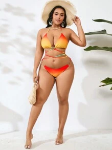 SHEIN Swim Curve Summer Beach Plus Size Gradient Halter Triangle Bra & Bikini Bottom Set