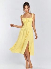 PARTHEA Tie Front Lace Spliced Ruched Bodycon Dress Sun Dresses - Yellow - View 1