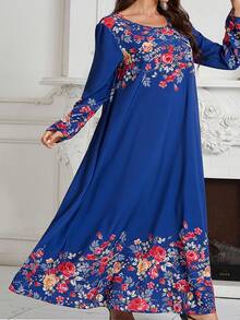 Plus Size Women Round Neck Long Sleeve Loose Casual Printed Dress - Blue - View 6